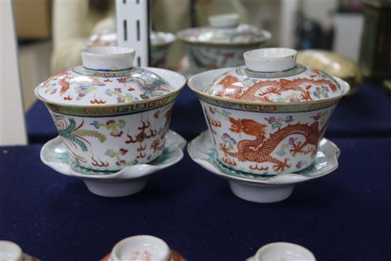 A pair of chinese famille rose dragon and phoenix rice bowls, c.1900 (9 pieces) height 10.5cm